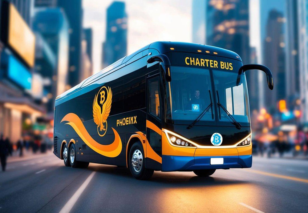 A futuristic charter bus with a phoenix emblem accepts Bitcoin payments, surrounded by a bustling cityscape