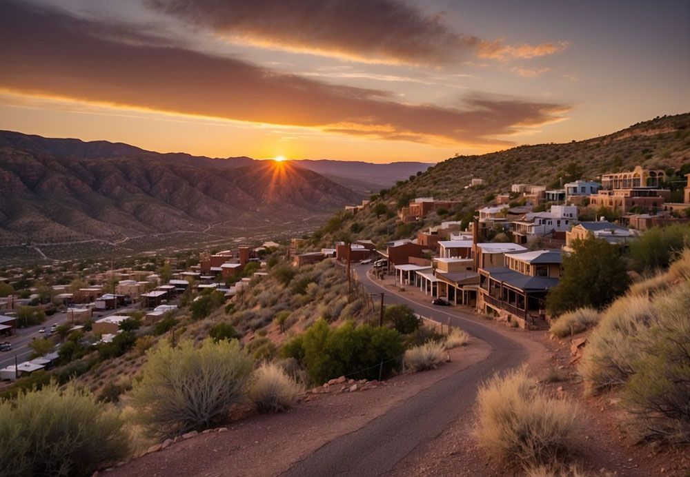 The sun sets behind the historic buildings of Jerome, Arizona. A winding road leads to the town, surrounded by desert landscape