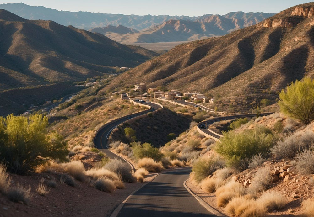 A winding road leads through desert terrain to the historic town of Jerome, perched on a mountainside with panoramic views